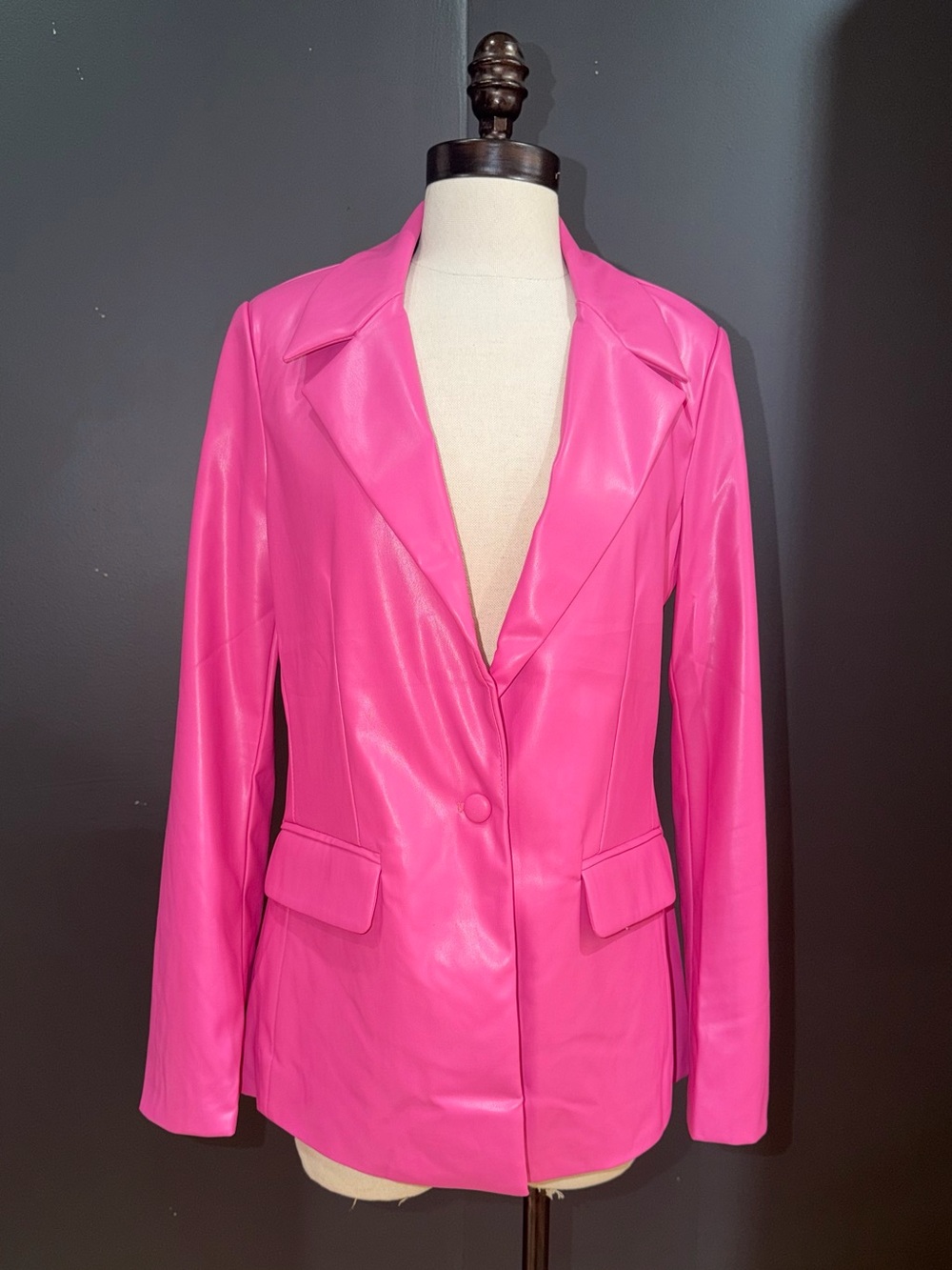 Fuchsia Faux Leather Single-Button Blazer